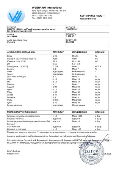 Сертифікат аналізів на французький колаген 