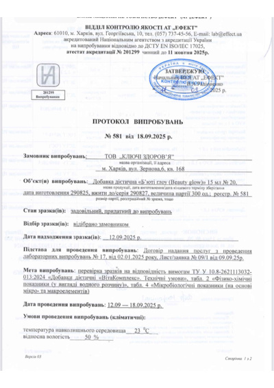 Протокол випробувань Beauty glow 